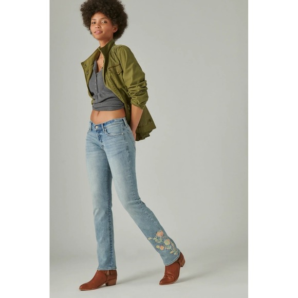 Lucky Brand Sweet Mid‎ Rise Straight Jeans 4/27R Floral Embroidered Boho - Picture 3 of 15